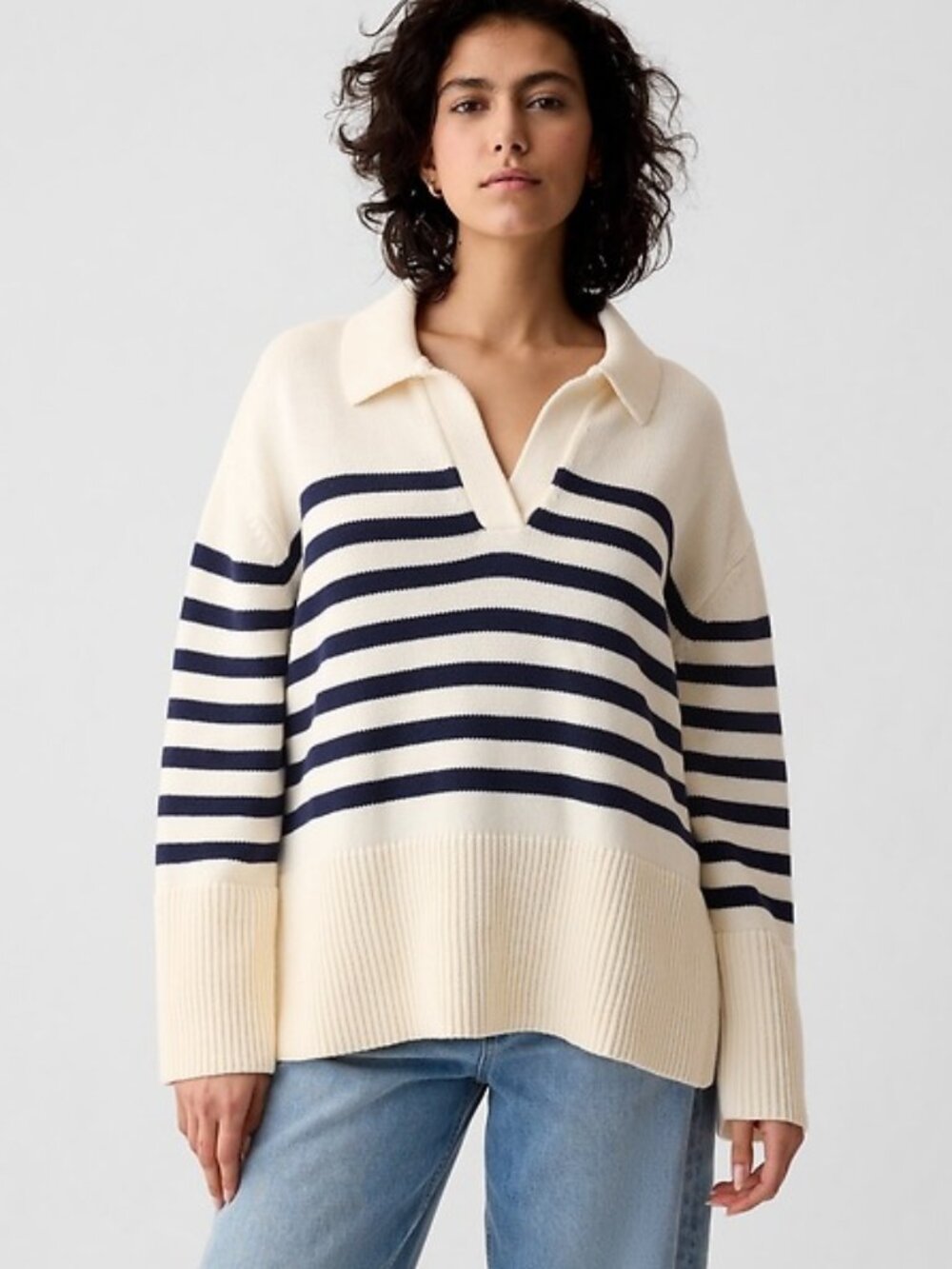 GAP Women's 24/7 Split-Hem Polo Sweater Size M in White Navy Stripe
